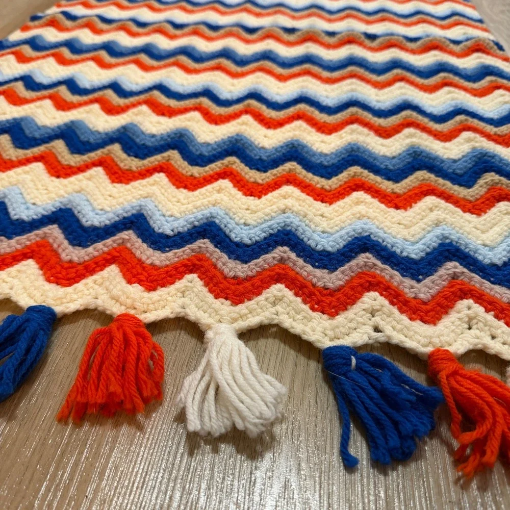 Crochet Chevron Throw Blanket 4x26 Red White‎ Blue Retro 1970s Style Afghan